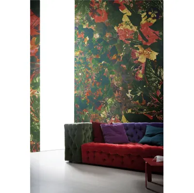 Carta da parati nei toni del verde, rosso e giallo Flower Power di London Art