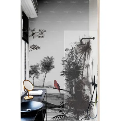 Carta da parati per ambienti umidi Imaginary Paradise  con volatile appoggiato su un ramo in un paesaggio ameno di Wall&Decò