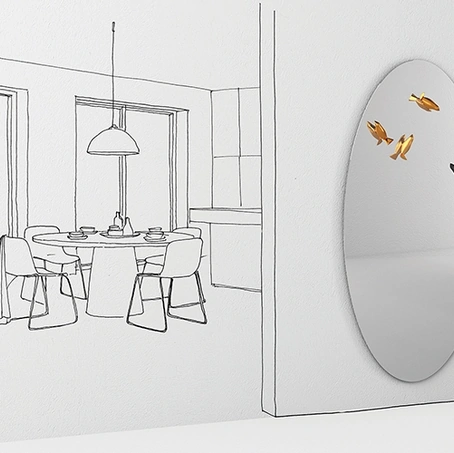 Specchio appendiabiti Bird Watch Mirror con uccellini in fusione di ottone di Minotti Italia