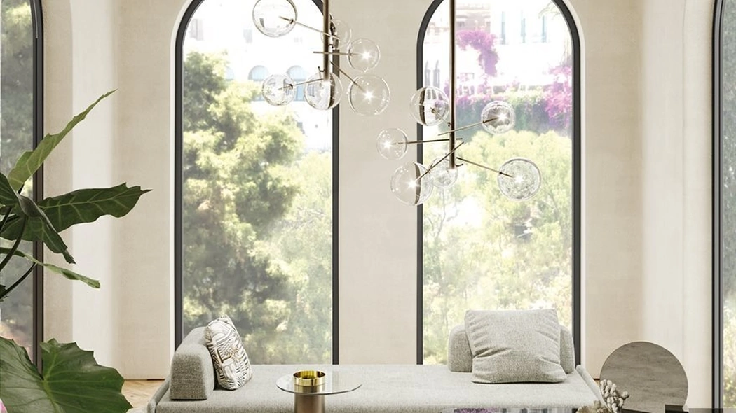 Lampada a sospensione Bolle 6 in vetro soffiato con parti metalliche in ottone brunito di Gallotti&Radice