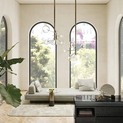 Lampada a sospensione Bolle 6 in vetro soffiato con parti metalliche in ottone brunito di Gallotti&Radice