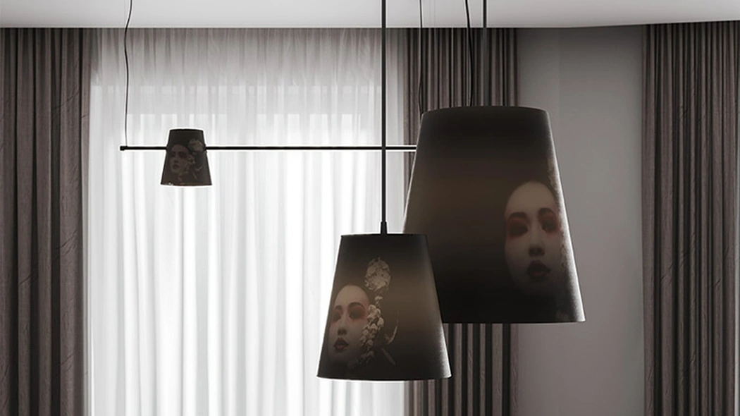 Lampada a sospensione in tessuto con stampa interna Cupido di Karman