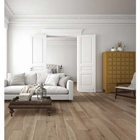 Piastrelle in gres porcellanato che riproducono fedelmente le venature del legno di rovere Nodi Scirocco di Terratinta