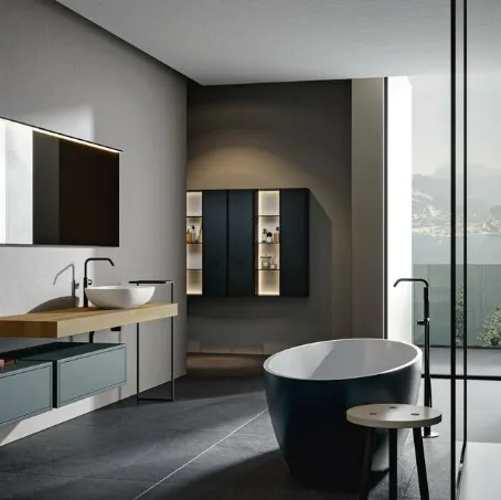 Mobile da Bagno sospeso in laccato opaco Pavone con top in Castagno tinto Naturale Ade 004 di Edoné