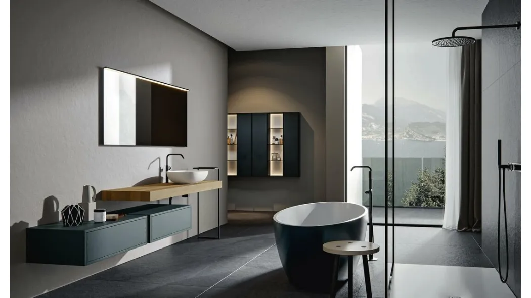 Mobile da Bagno sospeso in laccato opaco Pavone con top in Castagno tinto Naturale Ade 004 di Edoné