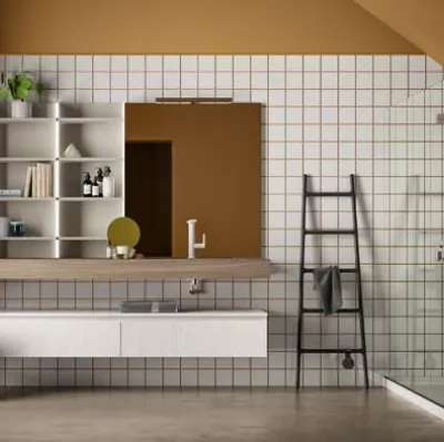 Mobile da Bagno sospeso in melaminico olmo color corda e bianco Lapis 02 di Birex