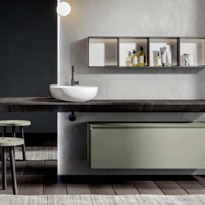 Mobile da Bagno sospeso in laccato opaco con consolle in castagno Chrono 007 di Edoné