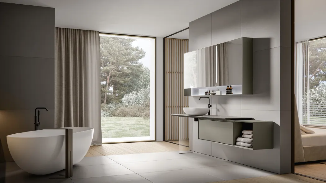 Mobile da Bagno sospeso Crio 2309 laccato opaco Talpa con top in Laminam Pietra Piasentina di Edoné