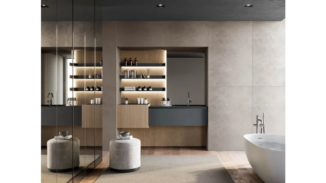 Mobile da Bagno sospeso in fenix grigio bromo e canneté rovere visone Facto 01 di Birex