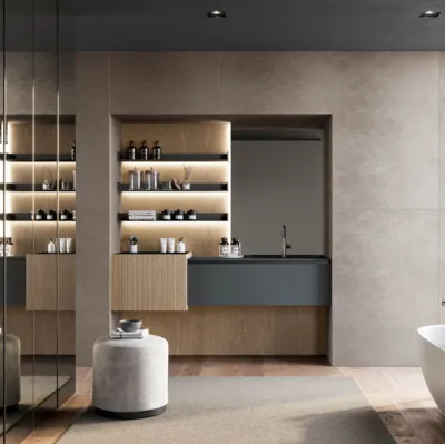 Mobile da Bagno sospeso in fenix grigio bromo e canneté rovere visone Facto 01 di Birex