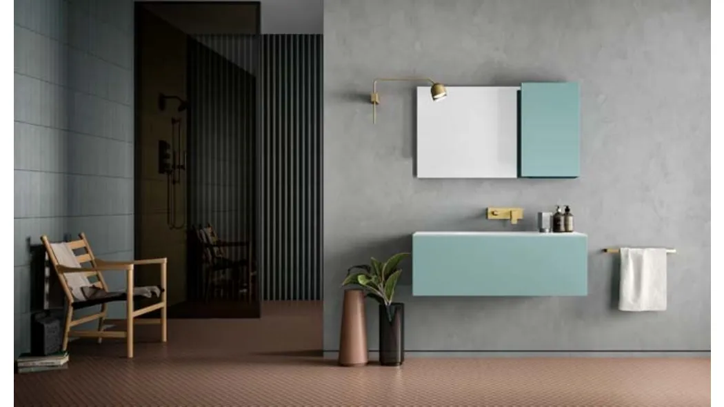 Mobile da Bagno moderno sospeso in laccato e top in Corian Hosoi 03 di Birex