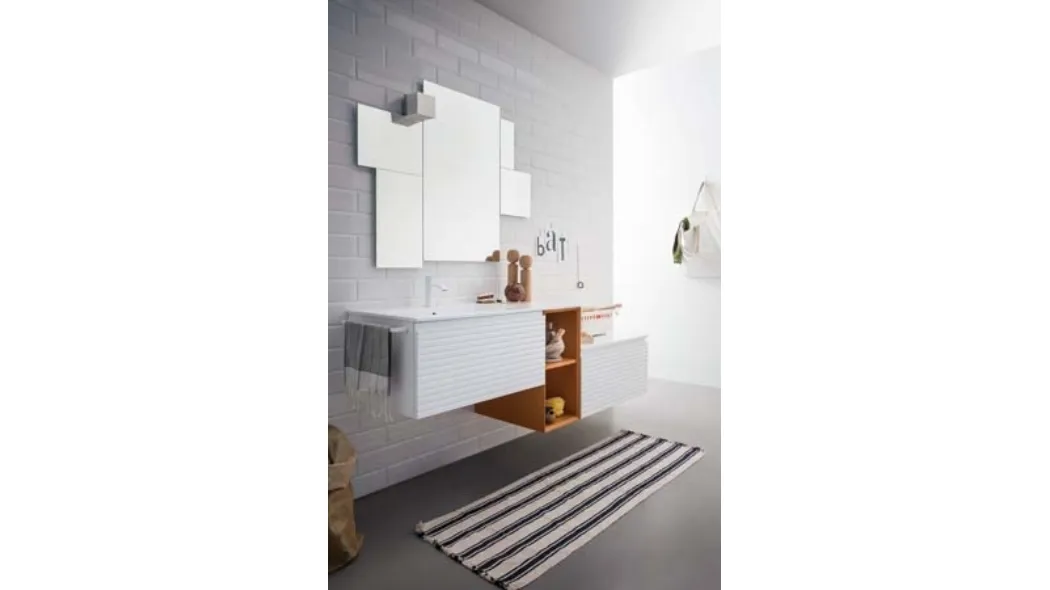 Mobile da Bagno sospeso in laccato bianco e bruciato con top in mineral marmo bianco lucido Memento 07 di Birex