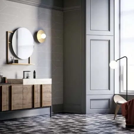 Mobile da Bagno a terra in rovere con top in gres effetto marmo Sidero 01 di Birex