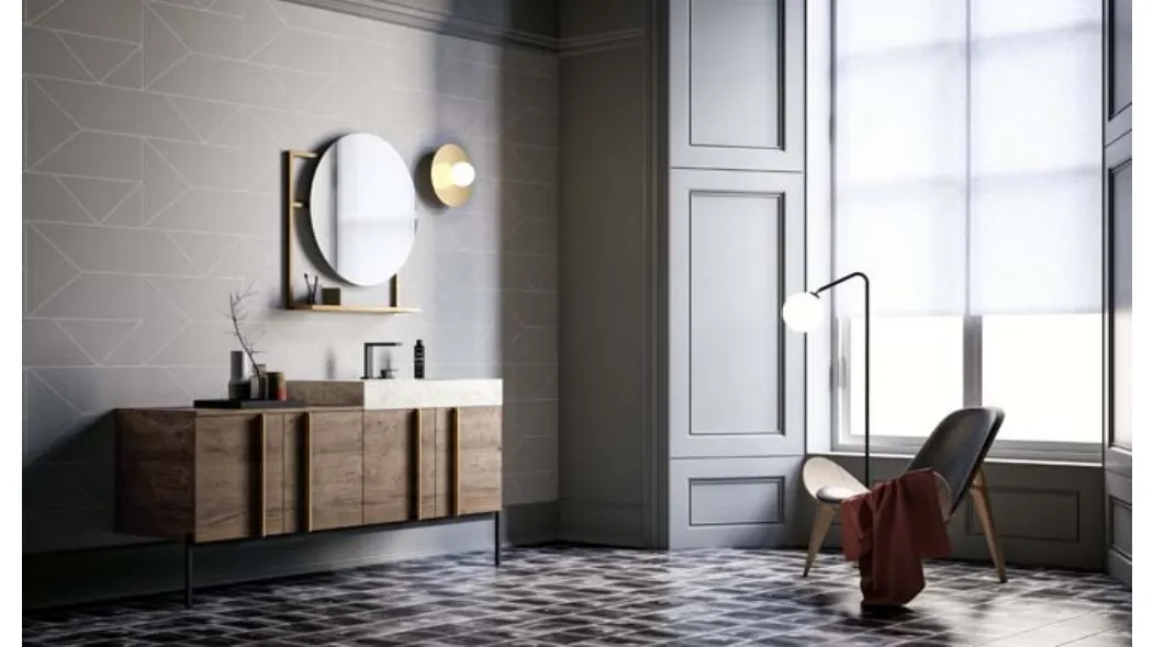 Mobile da Bagno a terra in rovere con top in gres effetto marmo Sidero 01 di Birex
