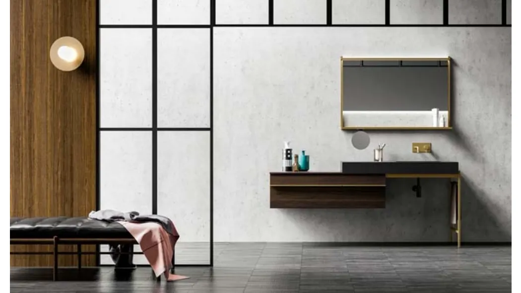 Mobile da Bagno sospeso in rovere e alluminio con top in acciaio Sidero 03 di Birex