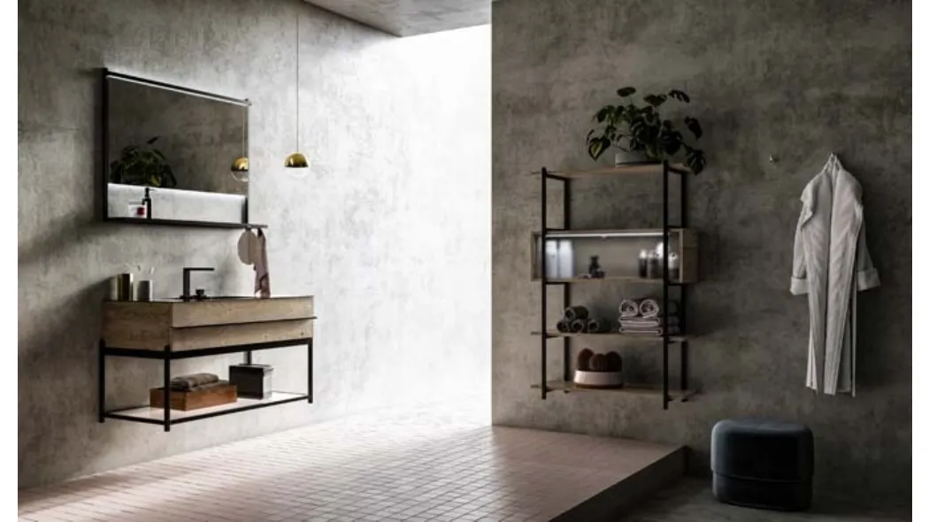 Mobile da Bagno sospeso in rovere e alluminio con top in gres Sidero 05 di Birex