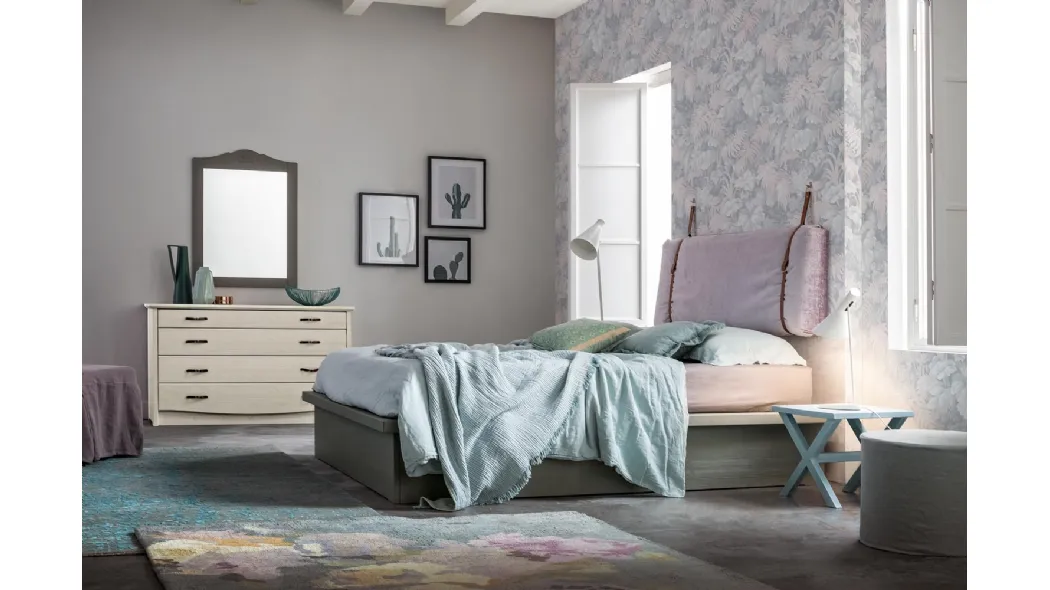 Letto con contenitore e testiera a cuscino con cinghie di cuoio Everyday Helios di Callesella