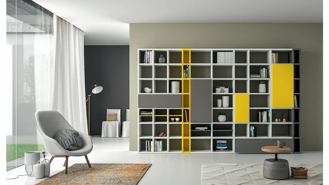 Libreria Speed P in laccato Light Grey e Giallo Zinco di Dall'Agnese