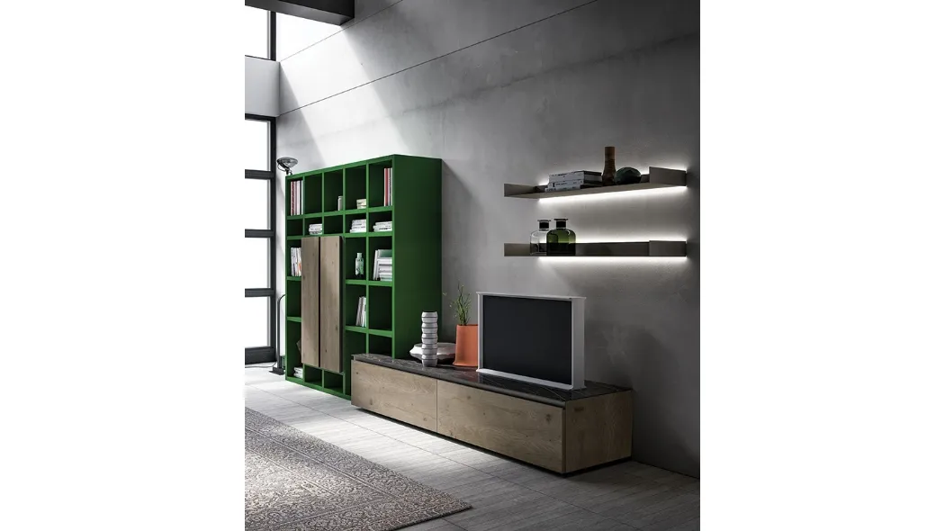 Libreria a muro Speed Up 01 in Rovere Cenere e laccato Verde Foglia di Dall'Agnese