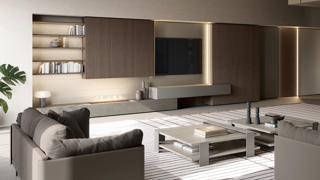 Parete Attrezzata Slim in Laccato, Gres e Rovere Terra di Dall'Agnese