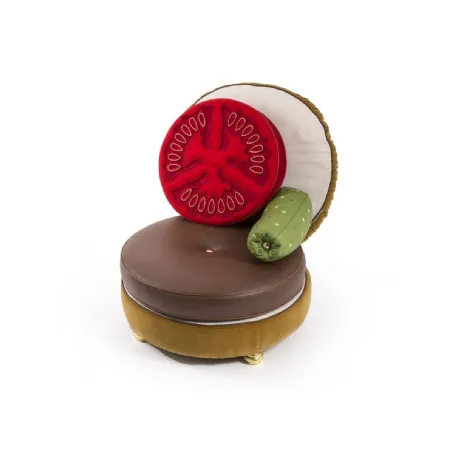 Poltrona di design in tessuto con cuscino in ecopelle imbottito e piedini in resina dorata Burger di Seletti