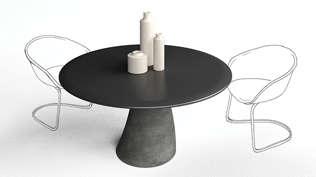 Tavolo tondo Malone con top in laccato Nero e base in cemento di Minotti Italia
