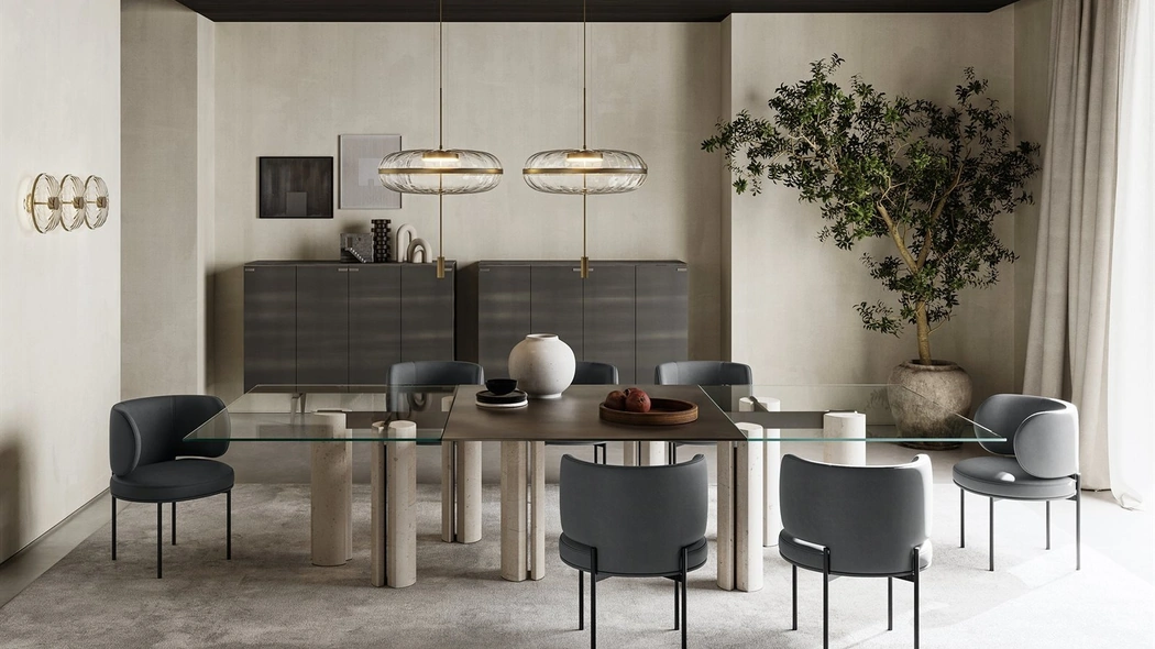 Tavolo rettangolare Simpòdio System con piano in cristallo e basi in cemento alleggerito color avorio di Gallotti&Radice