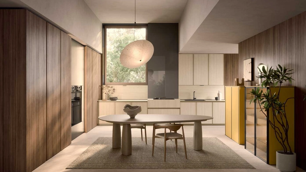 Cucina Moderna Coco angolare in laminam travertino e essenza di Dibiesse