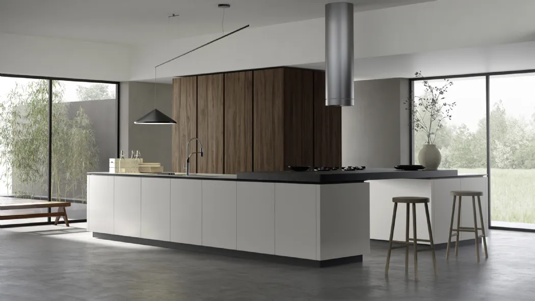 Cucina Moderna ad angolo M2 Goccia in materico Plus Bianco con snack penisola in laminam Nero di Meson's Cucine