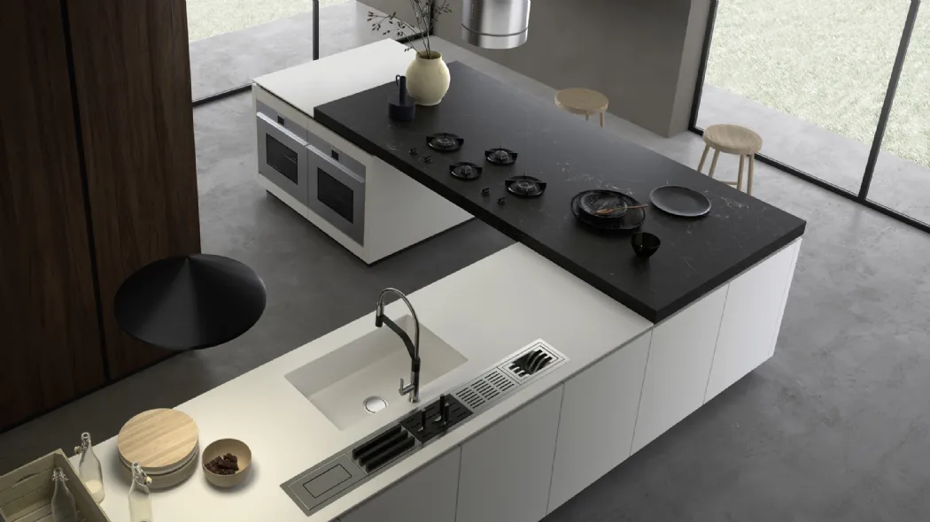 Cucina Moderna ad angolo M2 Goccia con snack penisola in laminam Nero di Meson's Cucine