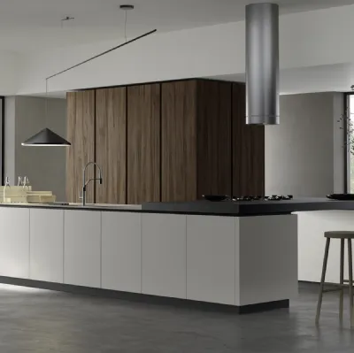Cucina Moderna ad angolo M2 Goccia in materico Plus Bianco con snack penisola in laminam Nero di Meson's Cucine