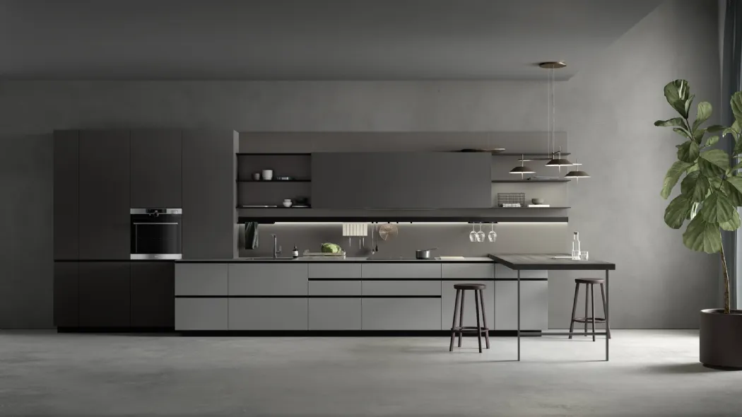 Cucina Moderna in Fenix Grigio con penisola in materico Larice Nero M2 Linea di Meson's Cucine