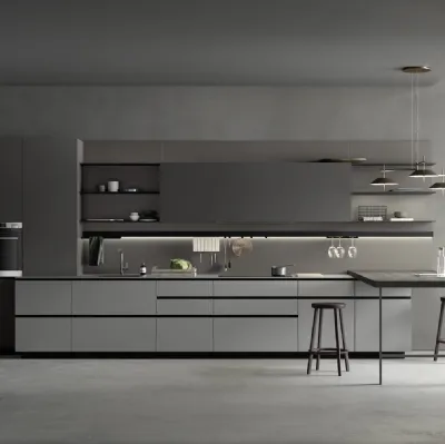 Cucina Moderna in Fenix Grigio con penisola in materico Larice Nero M2 Linea di Meson's Cucine