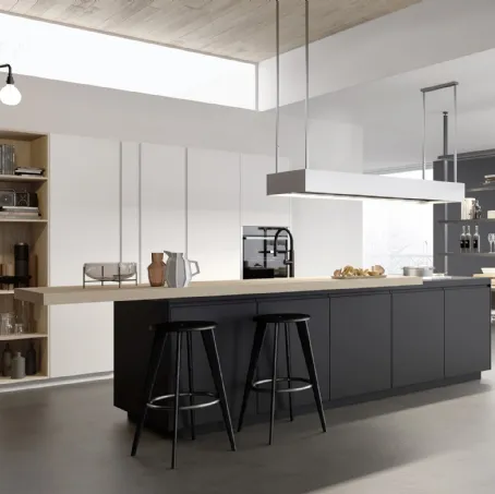 Cucina Moderna M2 Linea in Fenix Nero e penisola in essenza Olmo sbiancato di Meson's Cucine