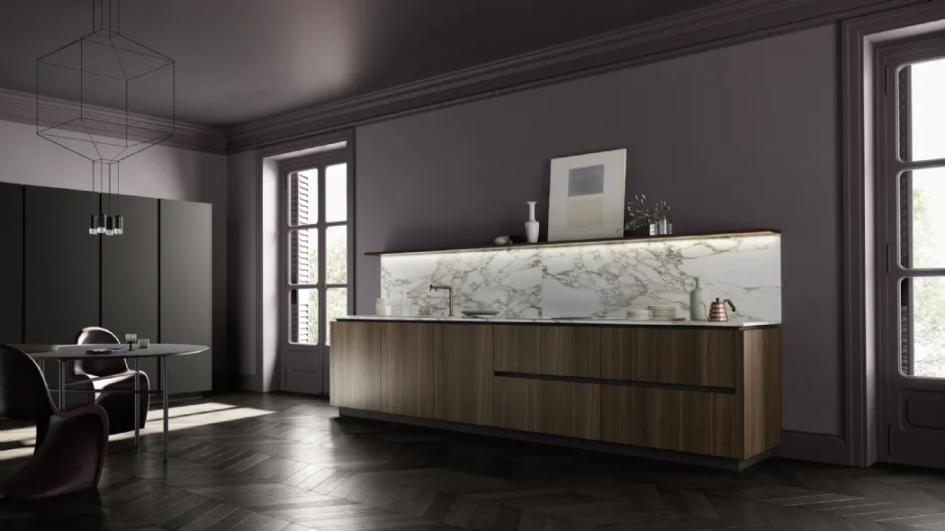 Cucina Moderna lineare M2 Goccia in Rovere termotrattato con top e schienale in Marmo Calacatta Oro di Meson's Cucine