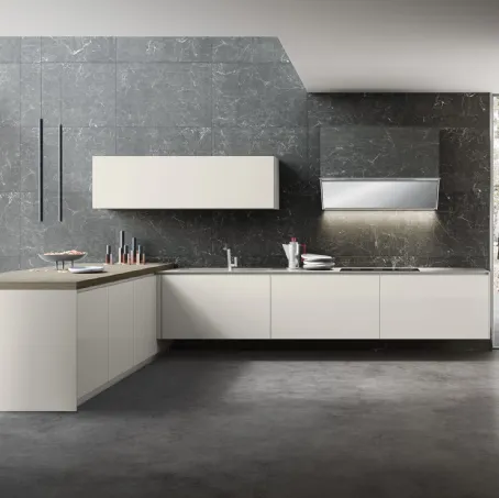 Cucina Moderna angolare M2 Tecna in laccato lucido Magnolia con top penisola in essenza Olmo Cenere di Meson's Cucine