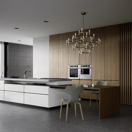 Cucina Moderna M6 Profili in laccato lucido Artico con penisola e colonne in essenza Noce Tecnico di Meson's Cucine