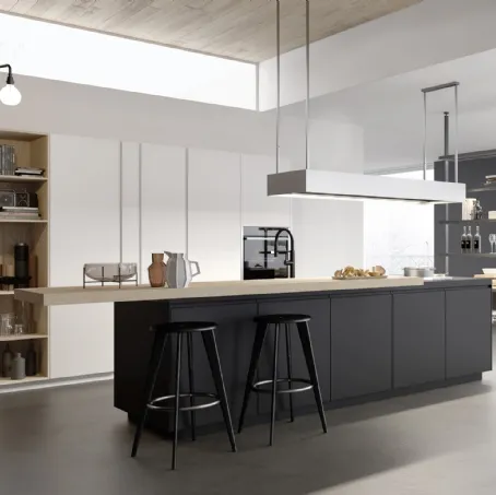 Cucina Moderna M2 Linea con isola in Fenix Nero e penisola in essenza Olmo sbiancato di Meson's Cucine