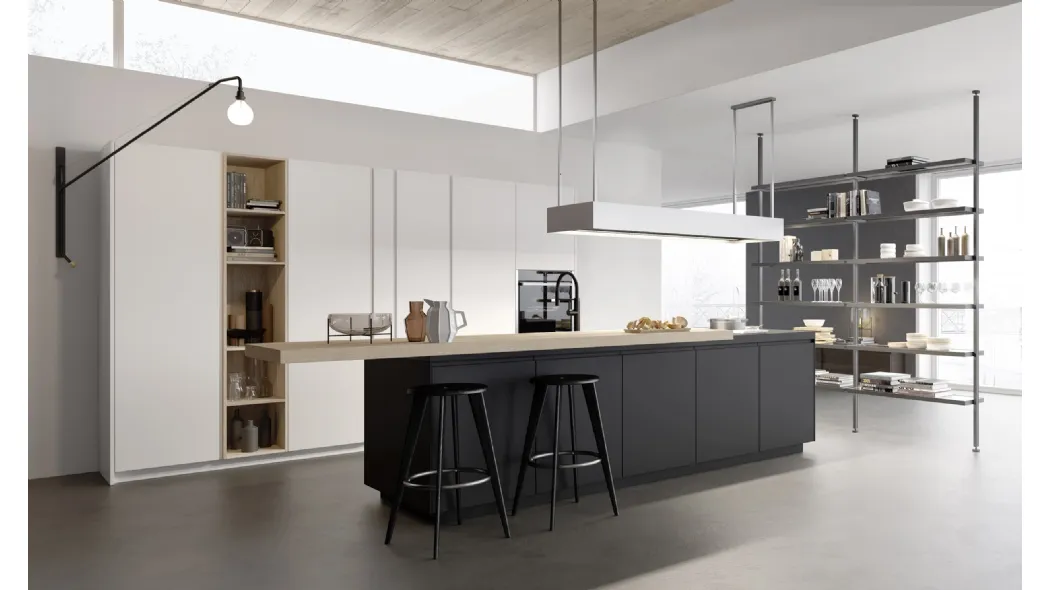 Cucina Moderna M2 Linea con isola in Fenix Nero e penisola in essenza Olmo sbiancato di Meson's Cucine