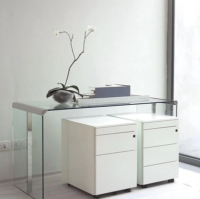 Cassettiera Techna 13 in metallo laccato con frontali rivestiti in cristallo retroverniciato bianco di Gallotti&Radice